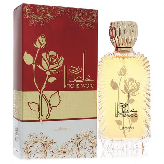Luxurious Lattafa Khalis Ward unisex EDP. Golden ribbed bottle with ornate gold cap & rose design. Elegant red & gold box.