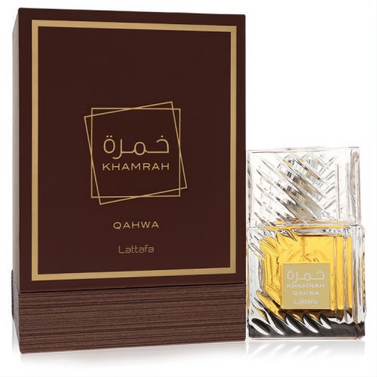 Luxurious Lattafa Khamrah Qahwa unisex EDP. Elegant faceted glass bottle with golden liquid, beside its dark brown and gold box.