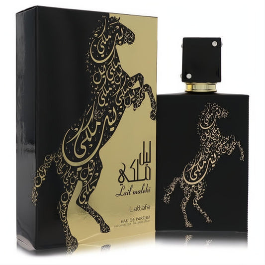 Captivating Lattafa Lail Maleki unisex perfume. Sleek black bottle with intricate gold rearing horse design and matching box.