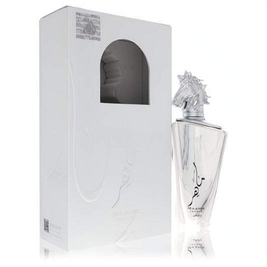 Lattafa Maahir Legacy 3.4 oz EDP. Striking silver horse head cap, sleek angular bottle, and luxurious white embossed box.