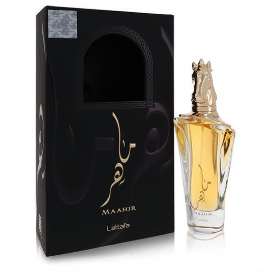 Luxurious Lattafa Maahir 3.4 oz unisex EDP. Golden liquid in a clear bottle with a stunning gold horse head cap and ornate black box.