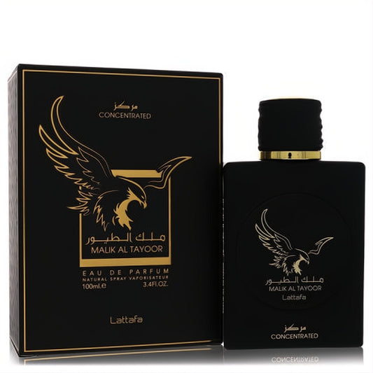 Sophisticated Lattafa Malik Al Tayoor 3.4 oz men's concentrated EDP. Matte black bottle with gold eagle design and matching box.