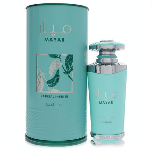 Lattafa Mayar Natural Intense 3.4 oz EDP. Elegant teal bottle with silver cap, displayed next to its matching leafy-patterned box.