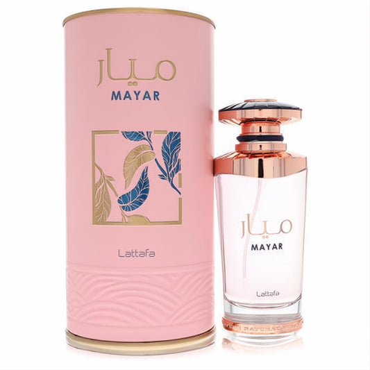 Stunning Lattafa Mayar 3.4 oz women's perfume: clear bottle, rose gold cap, and elegant pink box with gold and blue leaf design.