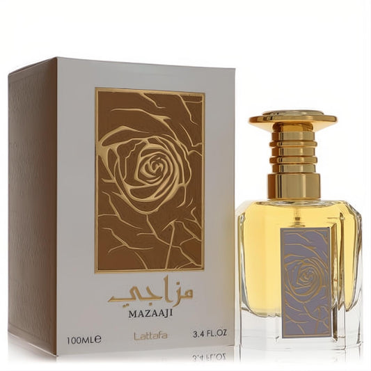 Lattafa Mazaaji 3.4 oz unisex EDP. Elegant clear glass bottle with gold cap and a captivating embossed rose design.