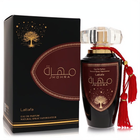Luxurious Lattafa Mohra unisex EDP 3.4 oz. Dark bottle, gold details, crystal cap, red tassel, and ornate matching box.