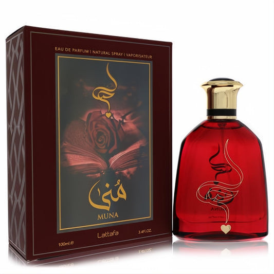 Lattafa Muna 3.4 oz unisex Eau de Parfum. Striking deep red glass bottle with elegant gold calligraphy and a matching ornate box.