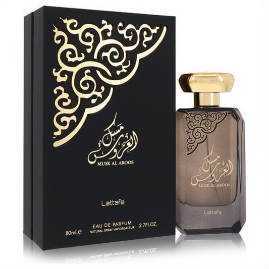 Lattafa Musk Al Aroos 2.7 oz EDP. Dark amber bottle, ornate gold cap & Arabic script, with its elegant black & gold box.