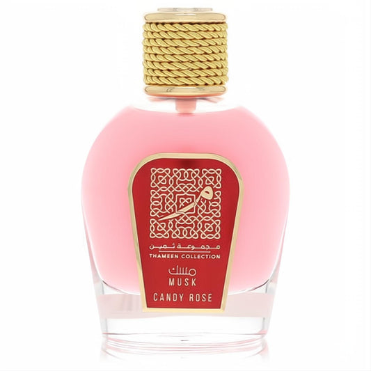 Elegant Lattafa Musk Candy Rose perfume. Pink liquid in a clear glass bottle with a luxurious gold braided cap and ornate red label.