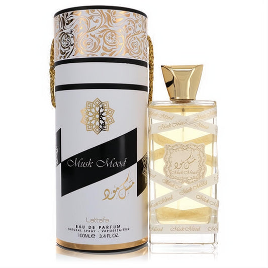 Luxurious Lattafa Musk Mood 3.4 oz unisex EDP. Clear bottle, gold cap, white ribbon detail. Elegant white and gold ornate cylindrical box.