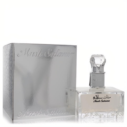 Stunning Lattafa Musk Salama unisex perfume: clear glass bottle with crystal cap, elegant silver box.