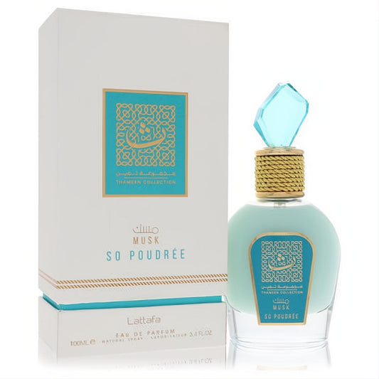 Lattafa Musk So Poudree 3.4 oz unisex EDP. Elegant mint green bottle with a gold braided neck and striking aqua gem cap.
