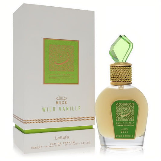 Lattafa Musk Wild Vanille 3.4 oz unisex EDP. Elegant clear bottle, vibrant green faceted cap, gold braided neck, and matching white box.