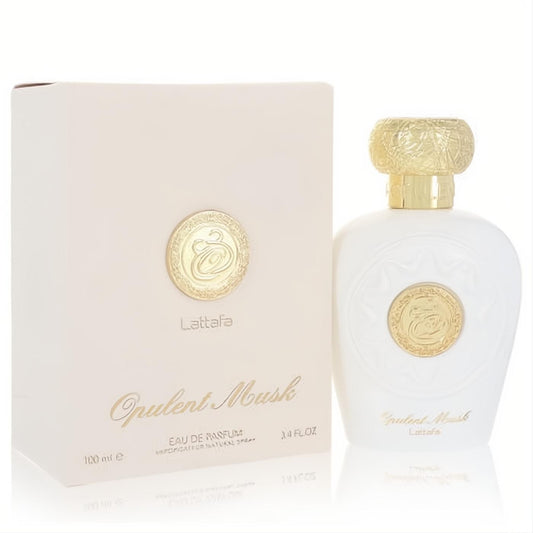 Luxurious Lattafa Opulent Musk unisex EDP, 3.4 oz. Elegant white bottle, ornate gold cap, and matching cream box.