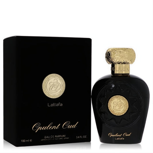Luxurious Lattafa Opulent Oud unisex EDP spray, 3.4 oz, in a sleek black bottle with ornate gold cap and matching black box.
