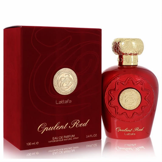 Luxurious Lattafa Opulent Red 3.4 oz EDP in a rich red bottle with intricate gold cap and ornate medallion, beside its matching box.
