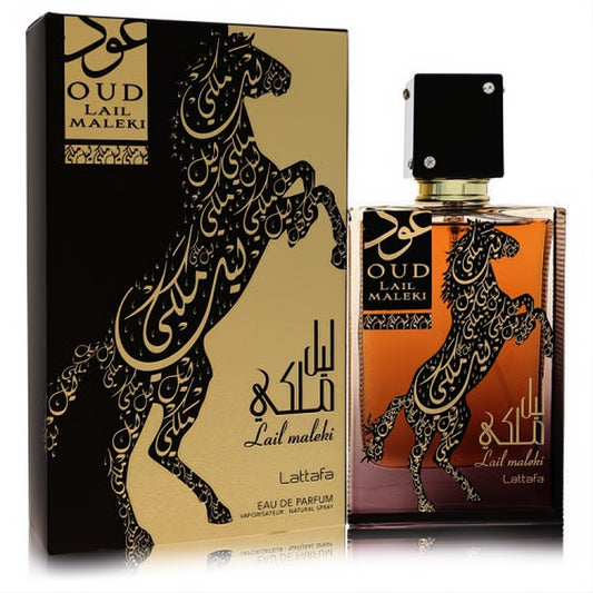 Lattafa Oud Lail Maleki 3.4 oz unisex EDP. Amber glass bottle with striking gold calligraphic horse, black cap, and matching black & gold box.