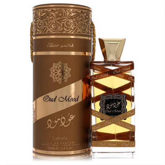Lattafa Oud Mood Elixir unisex perfume, 3.4 oz. Features a luxurious gold-capped bottle and ornate brown & gold Arabic design box.
