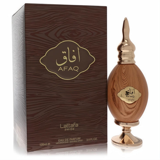 Experience Lattafa Afaq Gold unisex EDP, 3.4 oz, in its unique wood-grain bottle with a striking gold cap and base.