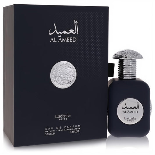 Sophisticated Lattafa Pride Al Ameed unisex 3.4 oz EDP fragrance. Dark blue bottle, unique silver textured cap, and elegant box.