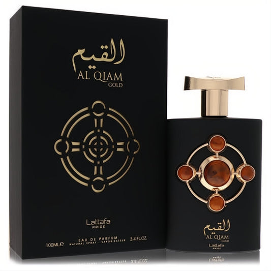 Stunning Lattafa Al Qiam Gold 3.4 oz unisex EDP. Matte black bottle with a luxurious gold cap and amber stone design, next to its elegant box.