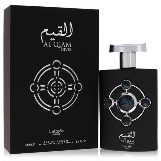 Lattafa Pride Al Qiam Silver 3.4 oz unisex fragrance. Elegant matte black bottle with silver cap and striking blue-accented design.