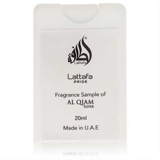 Lattafa Pride Al Qiam Silver 20ml unisex EDP tester. Sleek white plastic spray for luxurious fragrance on-the-go.