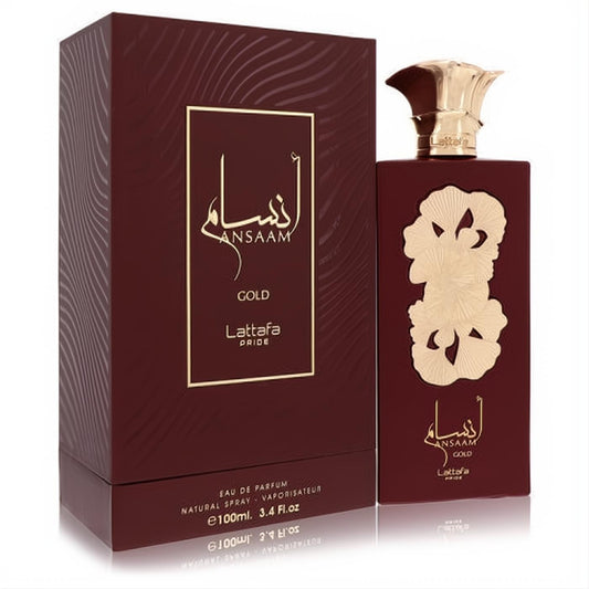 Lattafa Pride Ansaam Gold unisex EDP, 3.4 oz. Luxurious burgundy bottle with gold floral design, ornate cap, and elegant matching box.