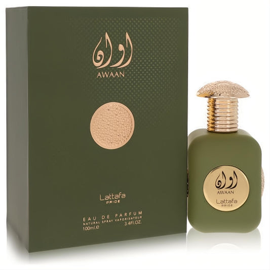 Lattafa Pride Awaan unisex EDP 3.4 oz. Stunning olive green bottle with luxurious gold textured cap and matching elegant box.