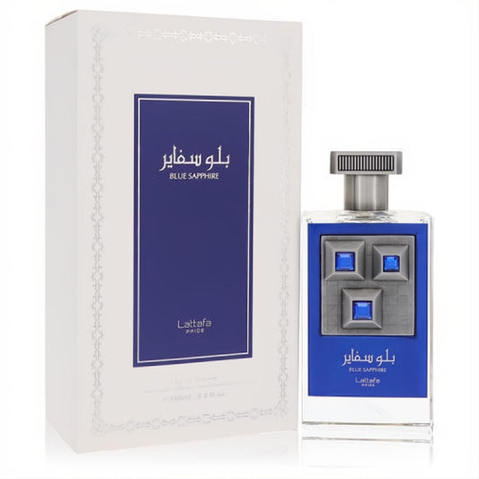 Lattafa Pride Blue Sapphire 3.4 oz unisex EDP. Clear bottle with bold blue panel, three sapphire accents, and white box.