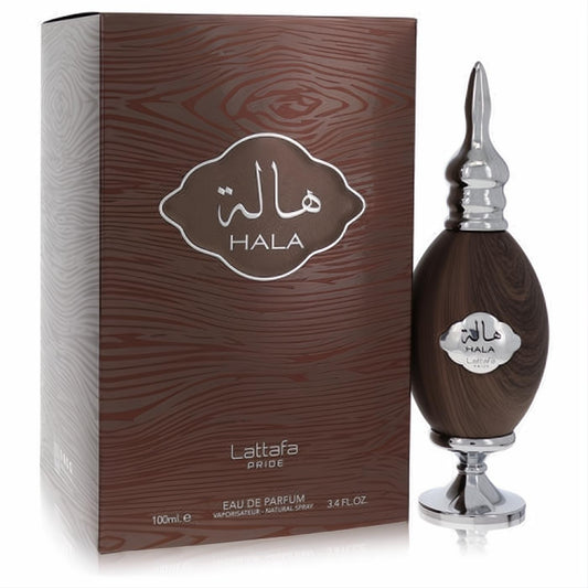 Lattafa Pride Hala Silver 3.4 oz EDP. Exquisite brown wood-textured bottle, striking silver pointed cap and base.