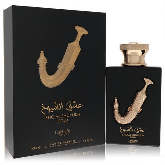 Lattafa Pride Ishq Al Shuyukh Gold unisex EDP, 3.4 oz. Sleek black bottle with opulent gold dagger emblem.