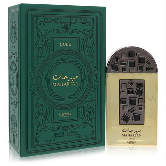 Elegant Lattafa Pride Maharjan Gold 3.4 oz unisex EDP. Rich green box and striking gold bottle with a distinctive geometric cap.