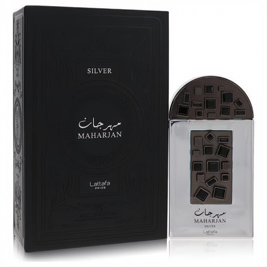 Lattafa Pride Maharjan Silver 3.4 oz unisex EDP. Luxurious silver bottle with distinctive brown geometric cap and matching black box.