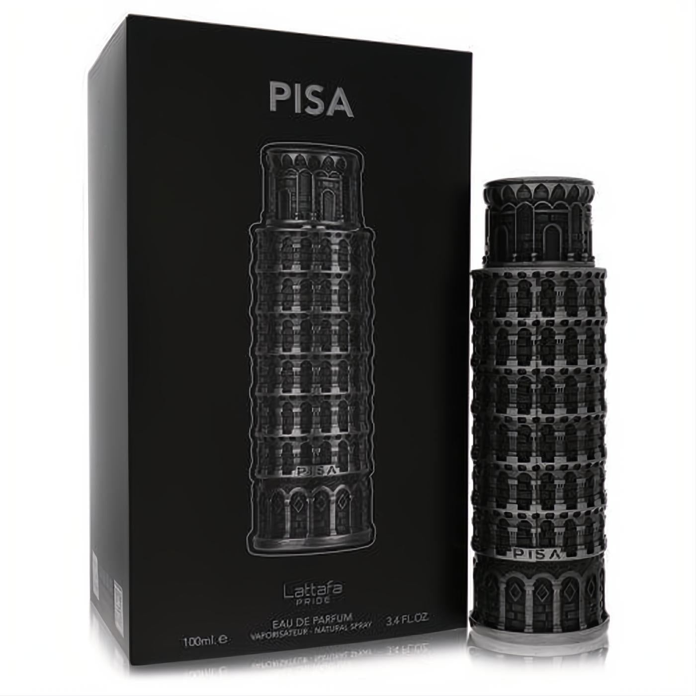 Lattafa Pride Pisa 3.4 oz EDP, a striking dark metallic Leaning Tower bottle with intricate details, beside its elegant black box.