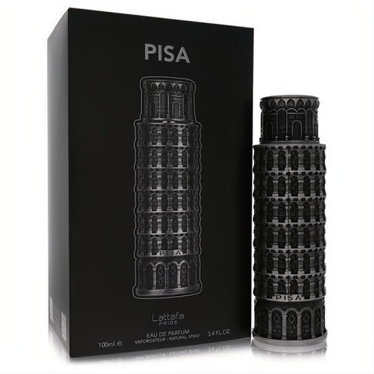 Lattafa Pride Pisa 3.4 oz EDP, a striking dark metallic Leaning Tower bottle with intricate details, beside its elegant black box.