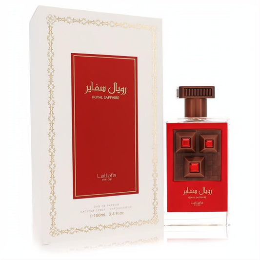 Lattafa Pride Royal Sapphire 3.4 oz unisex EDP. Striking red glass bottle with unique bronze accents and elegant white box.