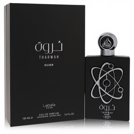 Lattafa Pride Tharwah Silver 3.4 oz EDP. Sleek black bottle with striking silver atom design and matching box.