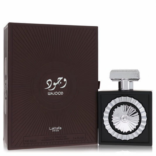 Lattafa Pride Wajood 3.4 oz unisex EDP. Bold black bottle with a captivating silver sunburst design, sleek cap, and rich brown box.