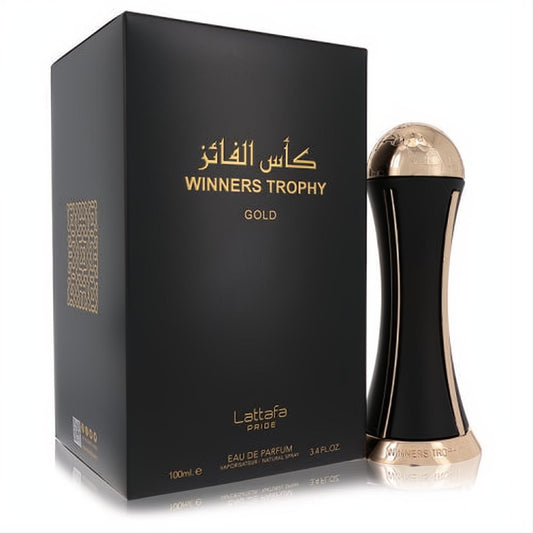 Elegant Lattafa Pride Winners Trophy Gold 3.4 oz perfume: sleek black bottle with luxurious gold cap and base, beside its matching black and gold box.