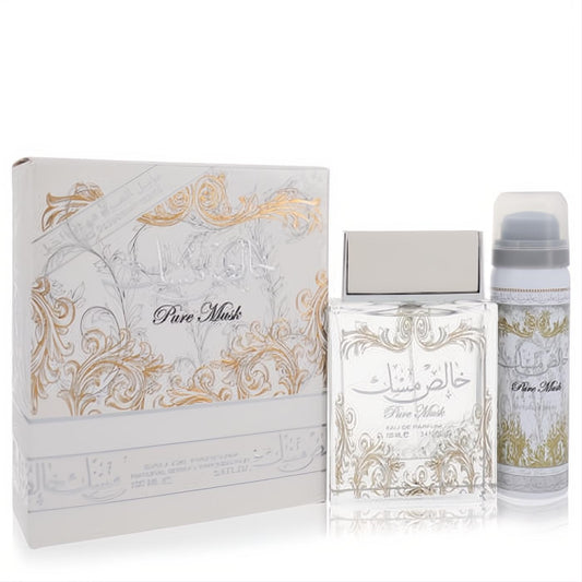 Lattafa Pure Khalis Musk EDP and deodorant set. Elegant white & gold ornate bottle, matching spray, and luxurious gift box.