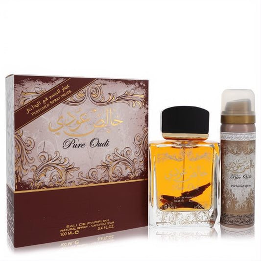 Luxurious Lattafa Pure Oudi Eau De Parfum 100ml and matching deodorant spray, presented in an ornate gold and brown gift set.