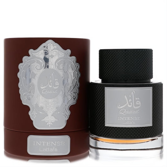 Luxurious Lattafa Qaa'ed Intense 3.4 oz men's EDP. Features a textured black bottle, silver label, and ornate maroon box.