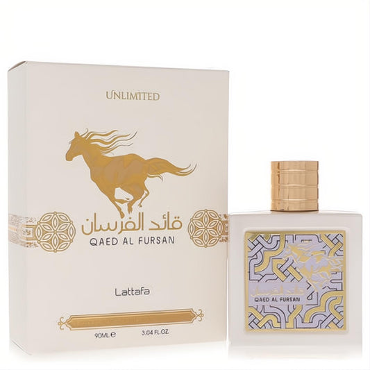 Luxurious Lattafa Qaed Al Fursan Unlimited 3.04 oz unisex EDP. White bottle with gold cap, intricate gold/purple pattern, and elegant matching box.
