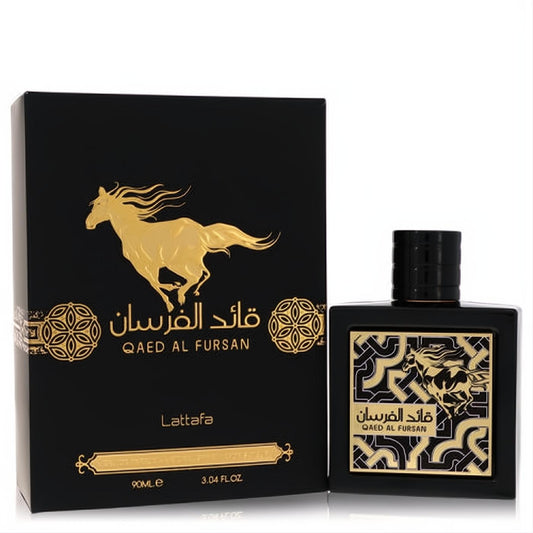 Bold Lattafa Qaed Al Fursan 3 oz Eau De Parfum spray. Black bottle with gold horse emblem, elegant matching black and gold box.