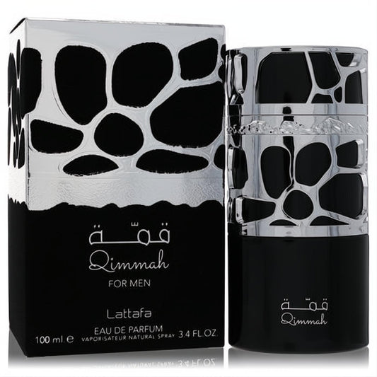 Lattafa Qimmah men's 3.4 oz Eau De Parfum. Sleek black bottle with captivating silver organic design and matching box.