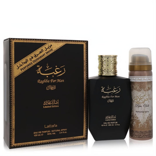 Discover Lattafa Raghba Man: a striking black 3.4 oz EDP with gold cap, 1.7 oz deodorant, and elegant gold-patterned box.