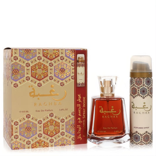 Lattafa Raghba men's fragrance gift set: 100ml amber EDP bottle, matching gold ornate deodorant, and elegant box.