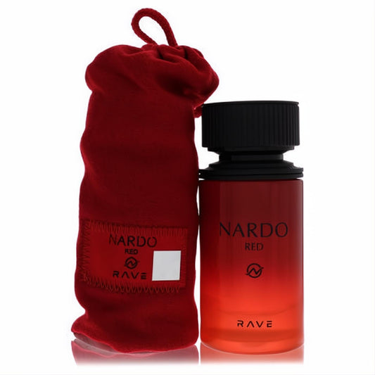 Vibrant Lattafa Rave Nardo Red 3.4 oz unisex EDP spray bottle with sleek black cap and luxurious red drawstring pouch.