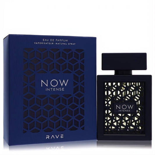 Lattafa Rave Now Intense 3.4 oz men's EDP. Bold dark blue bottle with intricate geometric cut-out design and matching box.